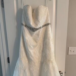 David's Bridal White Strapless Wedding Dress with Silver Embellishment